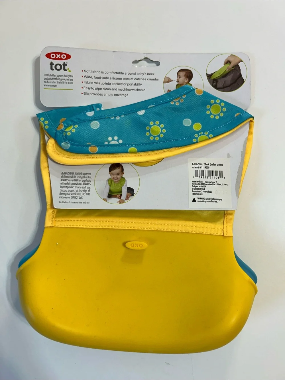 OXO Tot Roll Up Bib in Teal, Yellow and Aqua New